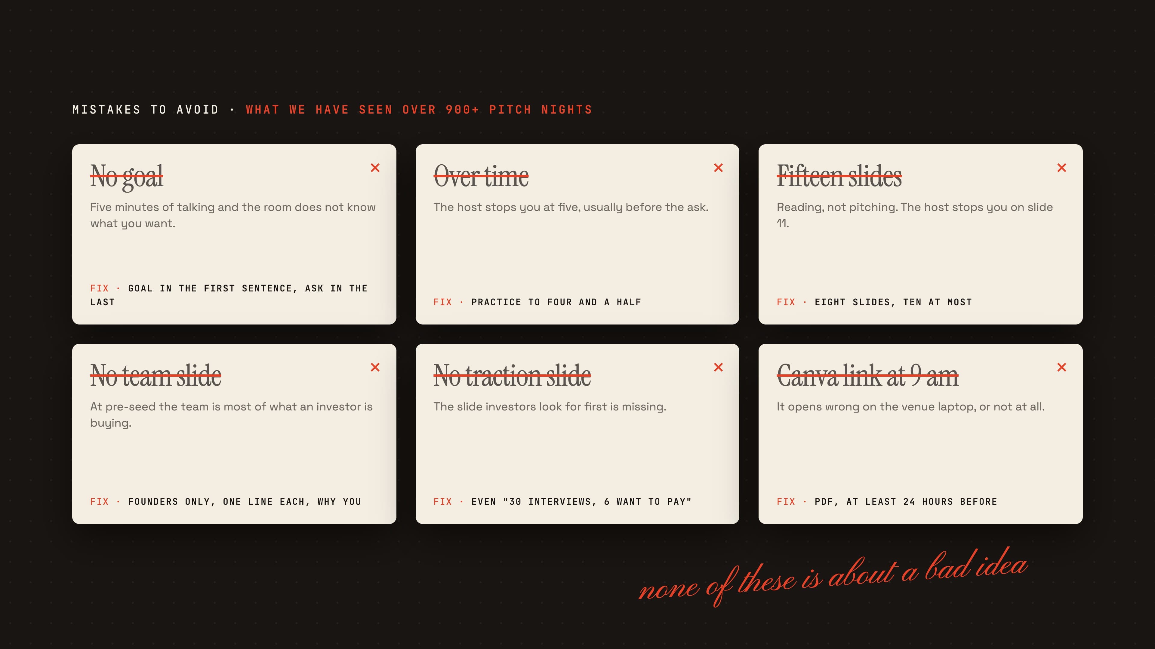 Six cards, each a mistake struck through with its fix. No goal, over time, fifteen slides, no team slide, no traction slide, a Canva link on the morning of the event.